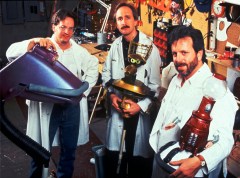 Mystery Science Theater 3000 - Puppeteers, from left, Jim Mallon, Trace Beaulieu and Kevin Murphy pose on the set of "Mystery Science Theater 3000: The Movie"