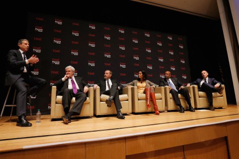 image: From left: TIME Managing Editor Rick Stengel speaks with Speaker Newt Gingrich, Bryan Cranston, Padma Lakshmi, Philadelphia Mayor Michael Nutter and Matt Lauer at the TIME Person of the Year Panel at the Time & Life Building in New York, on Tuesday, Nov. 13, 2012.