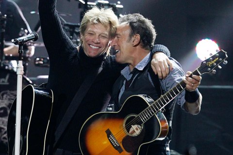 Jon Bon Jovi (L) and Bruce Springsteen perform during the "12-12-12" benefit concert for victims of Superstorm Sandy at Madison Square Garden in New York on Dec. 12, 2012.