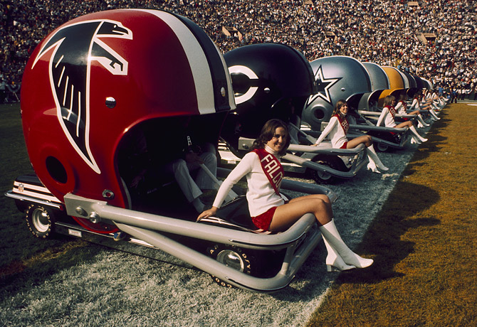 Helmeted bumper cars roamed the turf of the Los Angeles Memorial Coliseum in Los Angeles on Jan. 14, 1973. 
