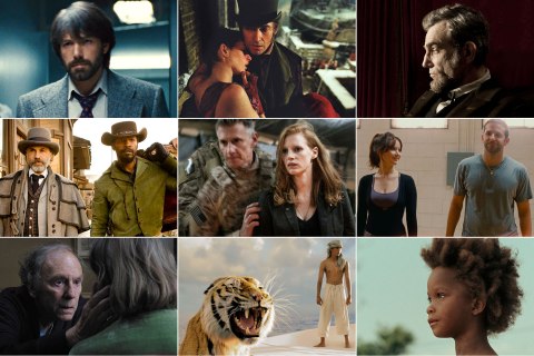The nominees for Best Picture at the Academy Awards: Argo, Les Miserables, Lincoln, Django Unchained, Zero Dark Thirty, Silver Linings Playbook, Amour, Life of Pi, Beasts of the Southern Wild