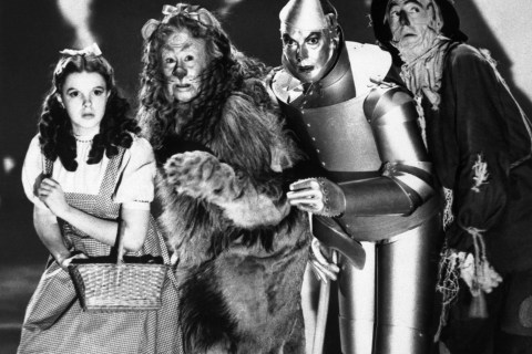 The cast of the 1939 MGM production of "The Wizard of Oz" stand together during a scene from the movie. Judy Garland as Dorothy, Bert Lahr as the Cowardly Lion, Jack Haley as the Tinman and Ray Bolger as the Scarecrow.