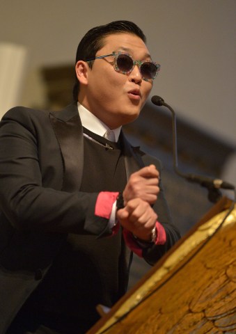 Singer PSY speaks at a "Conversation With PSY" hosted by Harvard's Korea Institute at Harvard University in Cambridge, Mass., on May 9, 2013.
