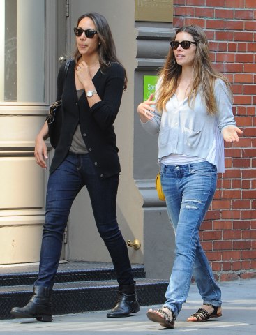 From right: Jessica Biel walks with a friend in Soho in New York City, on May 29, 2013.