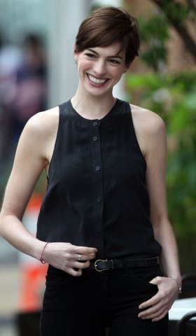 Anne Hathaway films a scene at the "Song One" movie set in Williamsburg, Brooklyn on June 6, 2013.