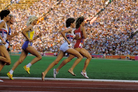 1984 Olympics, Women'S 3000M - Finals, Zola Budd (Grb) And Mary Decker (Usa).