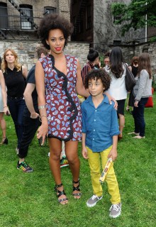 From left: Solange Knowles and her son Julez attend the Stella McCartney Spring 2012 Presentation at Stella McCartney Store in New York City, on June 11, 2012.