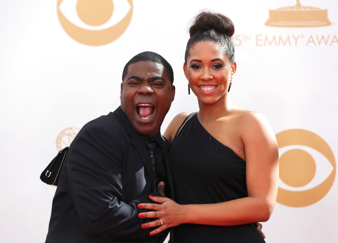 Actor Tracy Morgan from NBC's sitcom "30 Rock" and wife, Sabina Morgan, arrive at the 65th Primetime Emmy Awards in Los Angeles