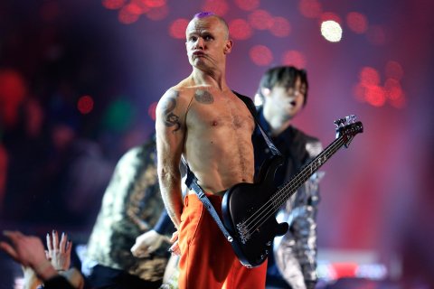 Flea of the Red Hot Chili Peppers performs during the Pepsi Super Bowl XLVIII Halftime Show at MetLife Stadium on February 2, 2014 in East Rutherford, New Jersey.