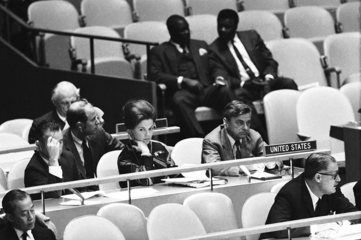 Shirley Temple Black listens to a debate in the General Assembly of the United Nations in New York City on Oct. 8, 1969.