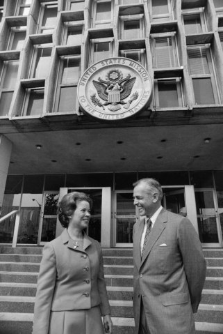 From left: Shirley Temple Black with her husband Dr. Charles Black outside the United States Mission to the United Nations after she was sworn in as a delegate to the U.N. General Assembly, on Sept. 17, 1969.
